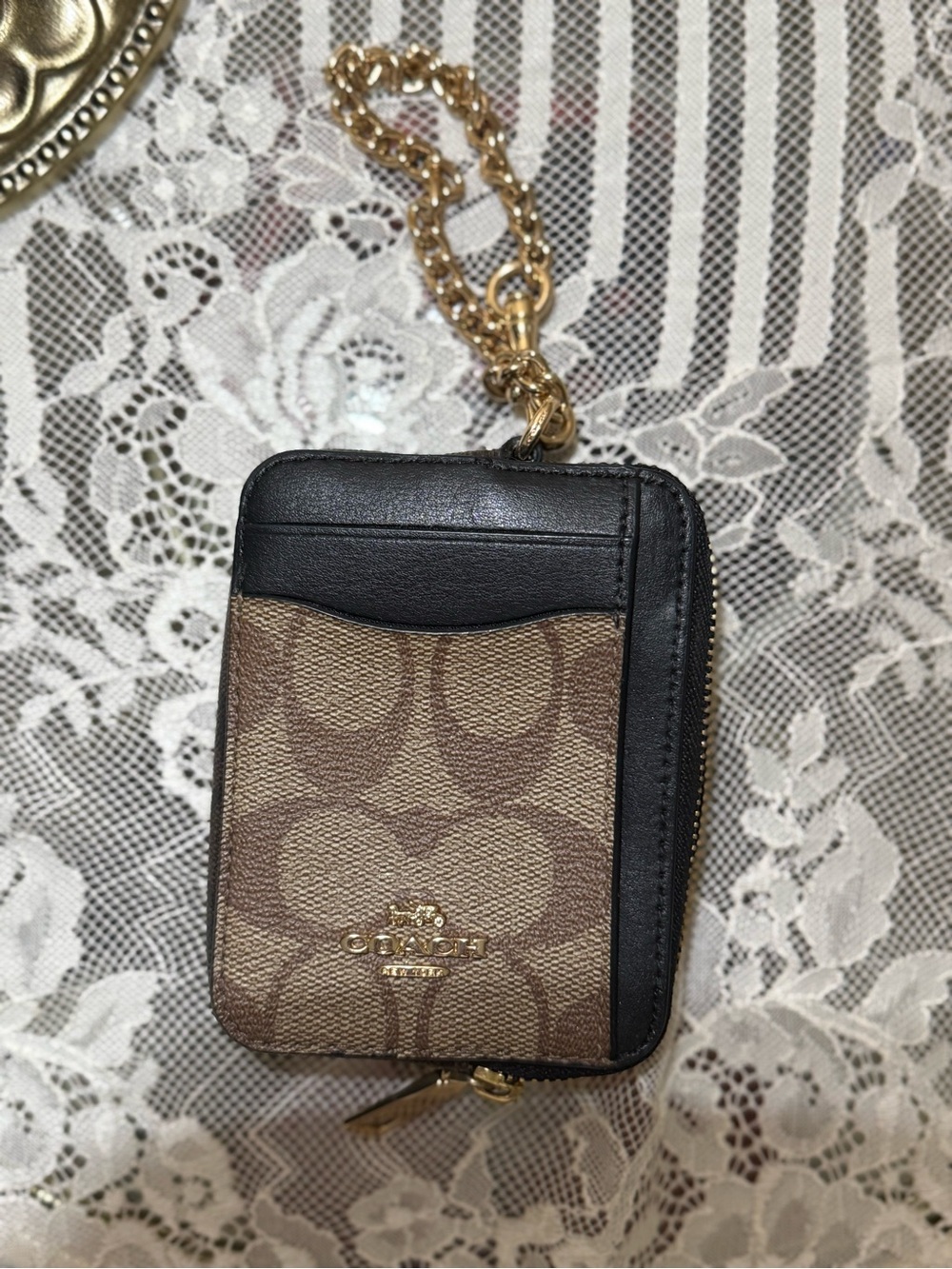 Coach Brown and Black Signature Card Case with Gold Chain